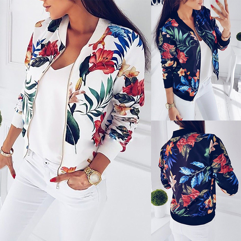 

Designs Women Flower Print Bomber Jacket Zipper Vintage Slim Coat Summer chaqueta bomber mujer Fashion Plus Size Short Biker Jac, 017pink
