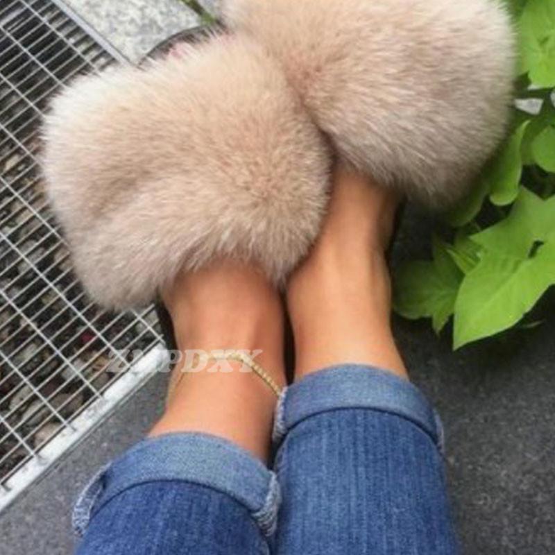 

Fashion Fluffy Plush Sweet Fur Slides Women Real Hair Slippers Comfortable Flat House Shoes Open Toe Plus Size Flip Flops, Black