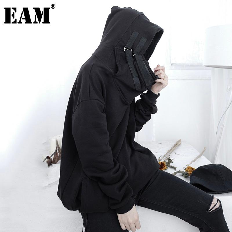 

Women' Hoodies & Sweatshirts [] Loose Fit Black Buckle Brief Pocket Sweatshirt Hooded Long Sleeve Women Big Size Fashion Spring Autumn 2
