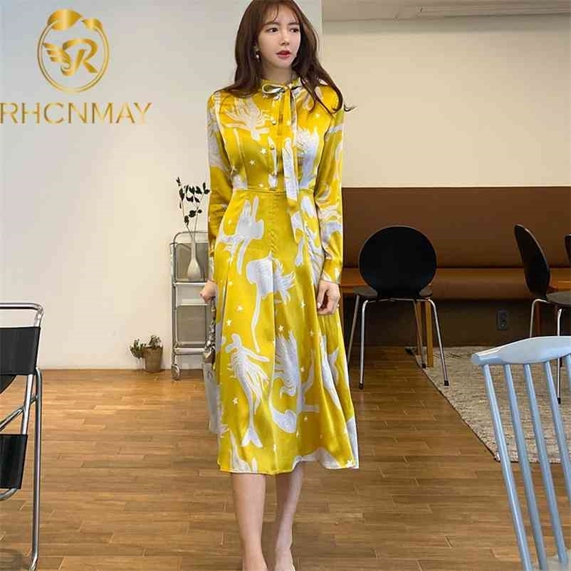 

Summer High-Quality Print Bow Long Sleeve Single-Breasted Elegant Shirt Women' Mid-Length Dress 210520, Yellow