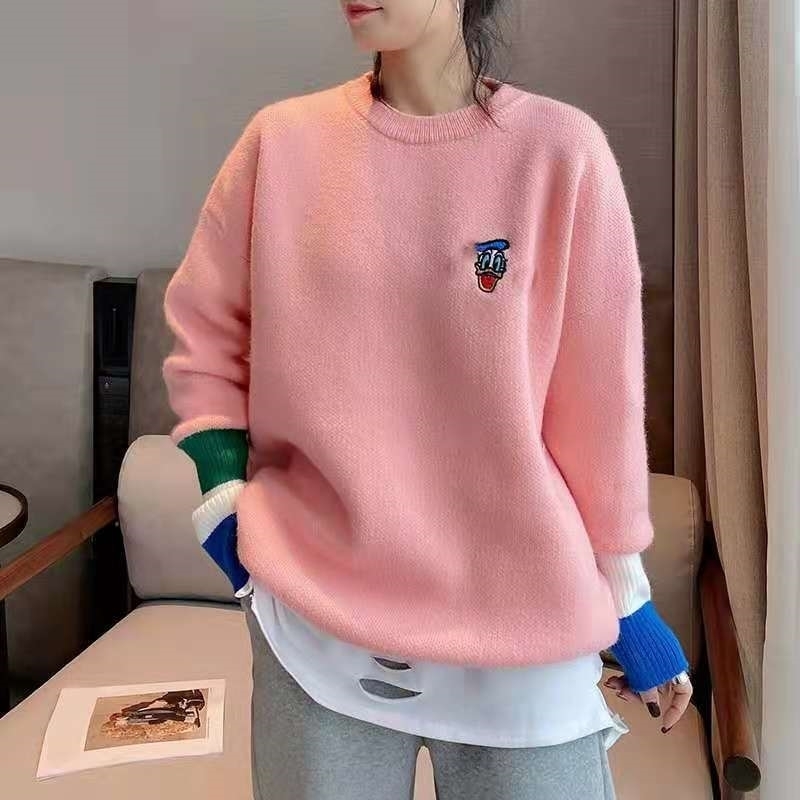 

2021 spring new student round neck loose sweater lovely embroidery T medium long casual large women's wear, Pink