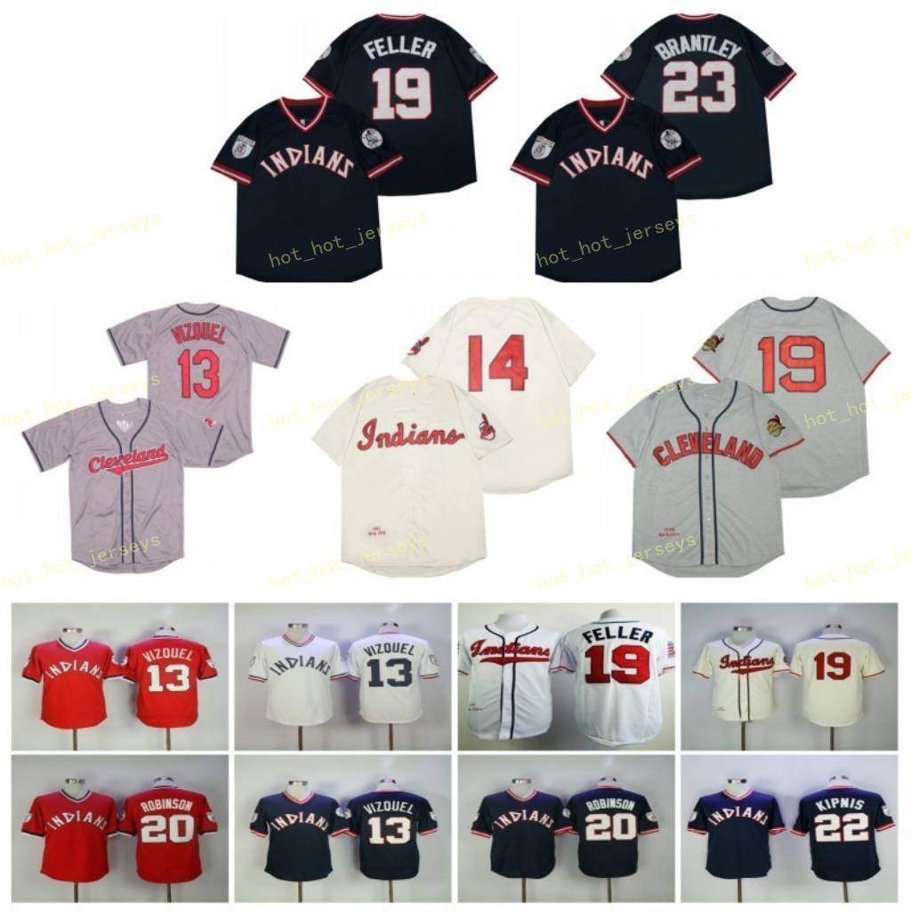 

Retired 19 Bob Feller Baseball Jersey 13 Omar Vizquel 14 Larry Doby 22 Jason Kipnis 23 Michael Brantley Vintage Retro Cooperstown Stitched, Men