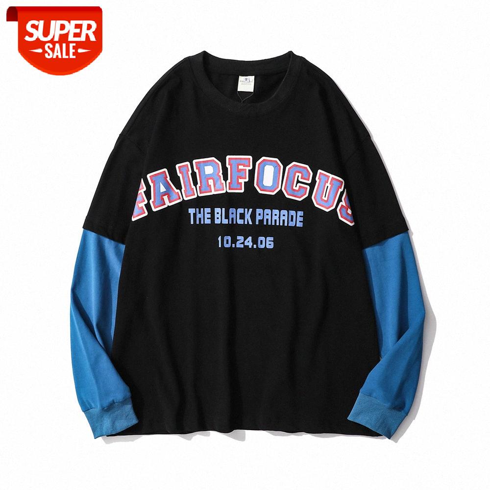 

Letter printing stitching fake two-piece long-sleeved T-shirt men's American loose round neck bottoming shirt compassionate #iF8T, White;black