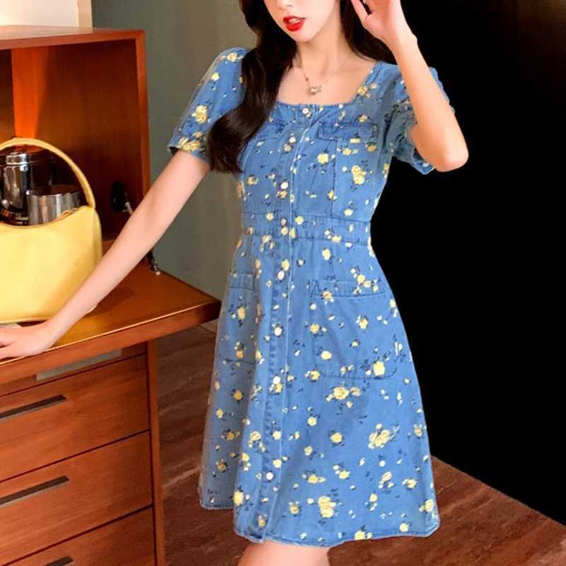 

Elegant Mini Denim Dress Short Sleeve Floral Women Slim Square Collar Summer High Waist Designer Vintage Female 210604
