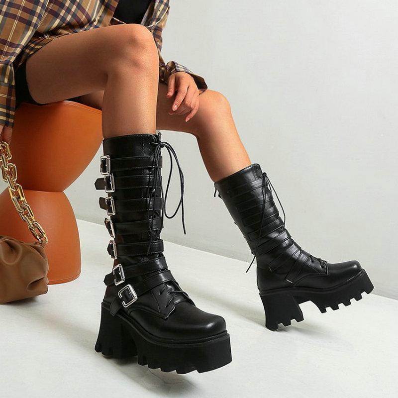 

Boots ZawsThia Stylish Punk Woman's Winter Shoes Platform Chunky High Heels Gothic Mid-calf Womens With Buckle Strap Big Size 44, Black