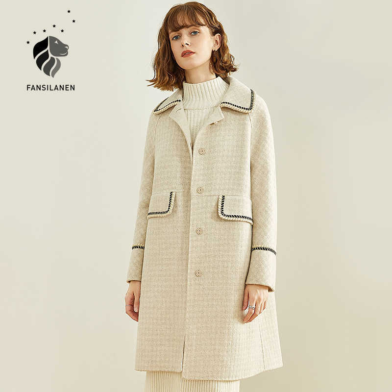 

FANSILANEN White plaid women's wool coat jacket Elegant office lady oversize autumn winter long Female vintage over 210607, Beige