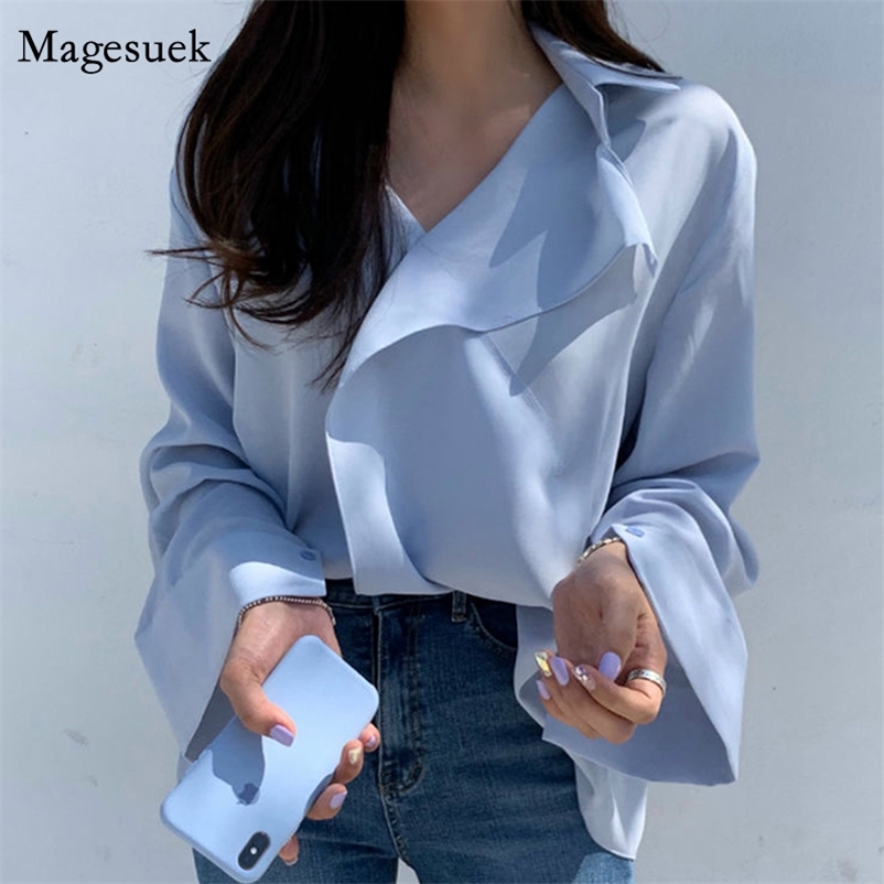 

Spring Chic V Neck Cross Design Chiffon Shirt Korea Long Sleeve Blue Blouse Women Casual All-match Loose Tops 13893 210518
