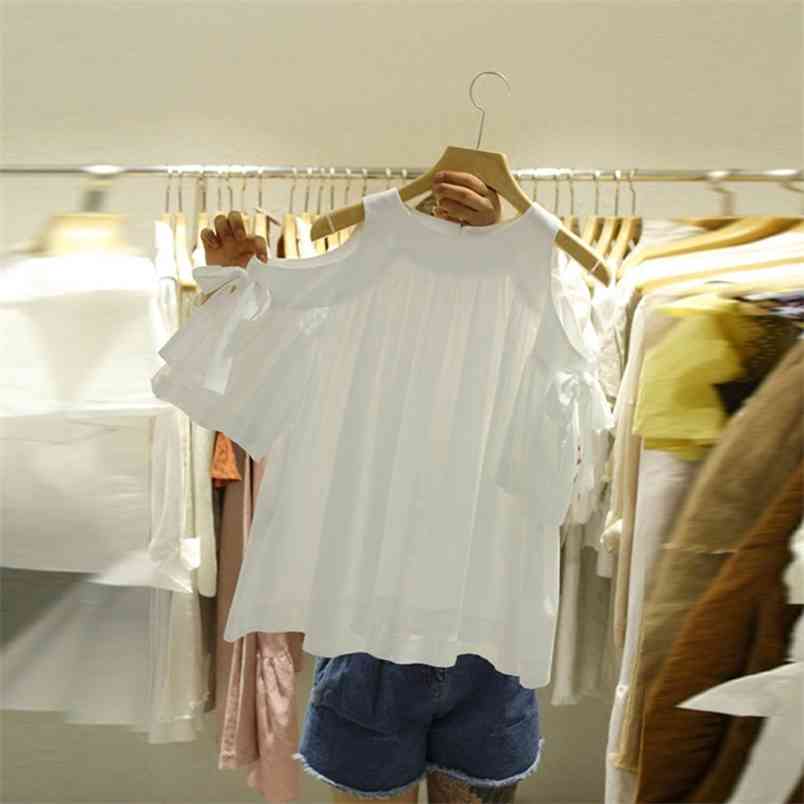 

Summer Fashion Women's Bow Short Sleeves Off Shoulder T-Shirt Women Casual Tee Tops 210428, Beige