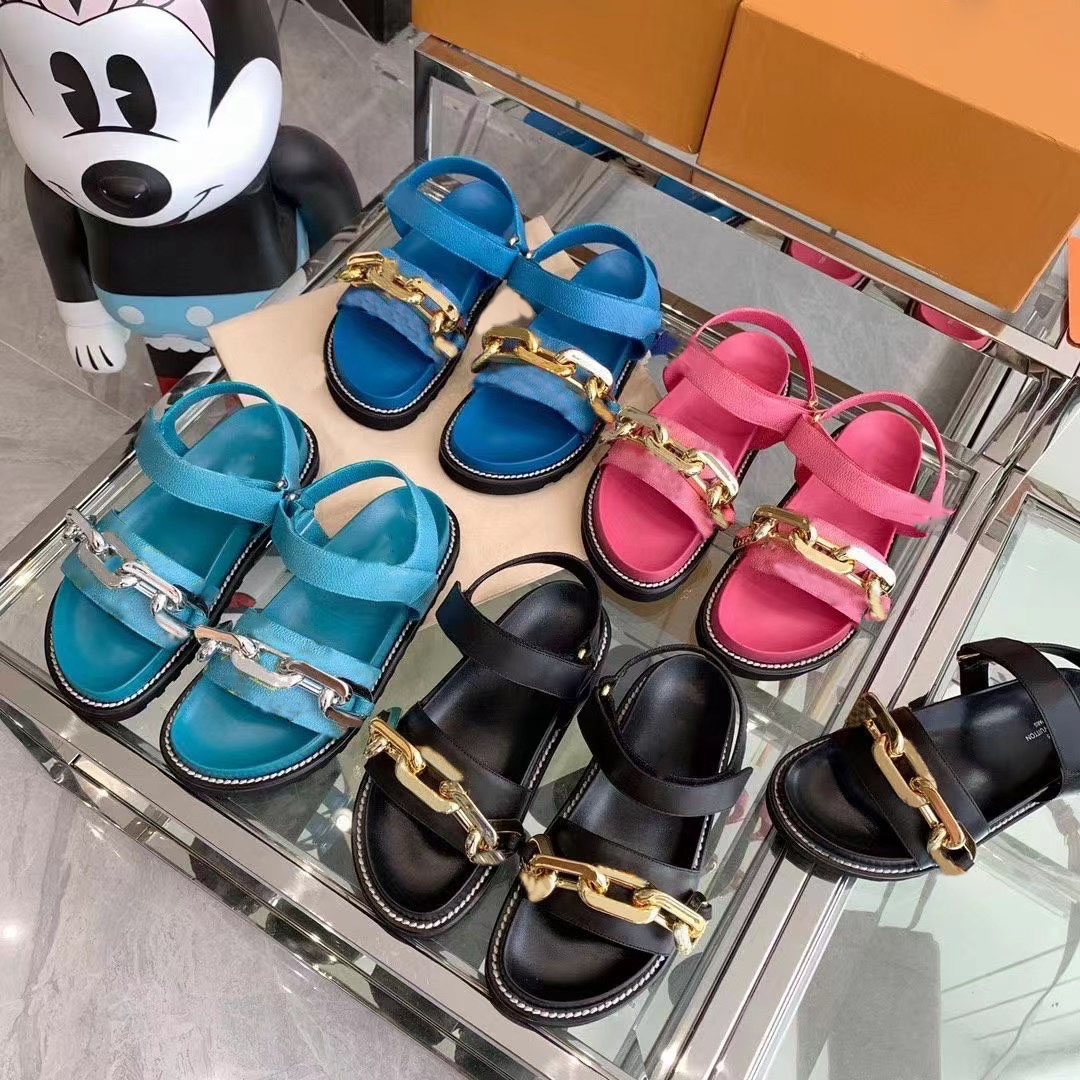 

Flat Comfort Women Sandals With Oversized Gold-tone Chain Smooth Calf Leather Slides Velcro Front Strap Embossed Slippers Treaded Rubber Platform Shoes