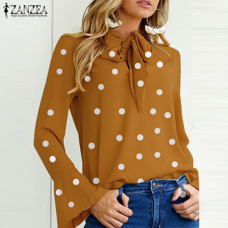 

Women' Blouses & Shirts 2021 ZANZEA Elegant Women Polka Dot Blouse Flare Sleeve Work OL Shirt Femme Summer Bow Tie Tops Blusa Casual Lace U, Black