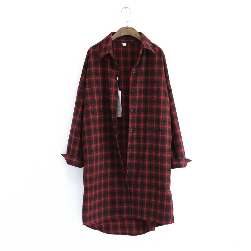 

Autumn Arrival Plus Size Cotton Long Plaid Flannel Shirt Button Down for Women Sleeve Casual Loose Blouse 210603, Black
