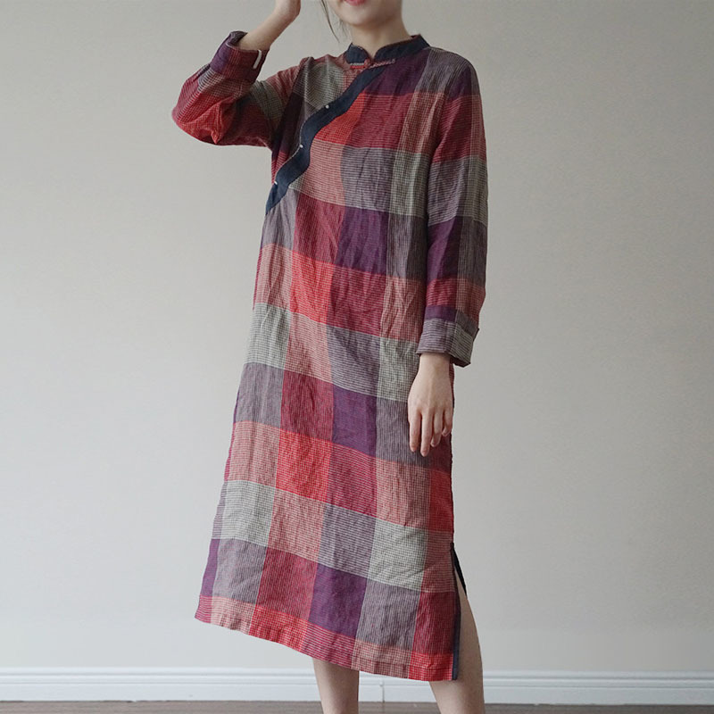 

Johnature Spring Fashion Cotton Linen Plaid Stand Plate Buckle Cheongsam Dress Loose Comfortable Women Retro Dresses 210521, Red