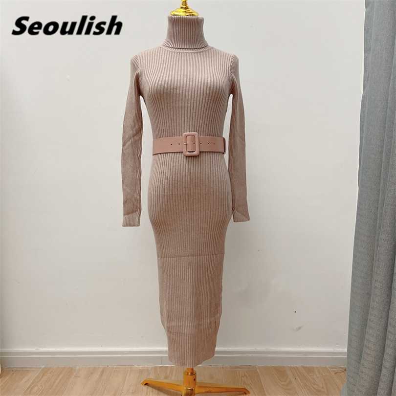 

Seoulish Autumn Winter Knitted Dress with Belted High Waist Basic Long Sleeve Sheath Bodycon Sexy Sweater Female 211110, Pink