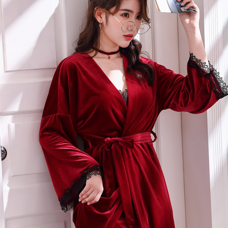 

Veet Set Nightgown Lace Sexy Nightwear Lounge Set Women Wine Red 2 Pieces Night Dress Sleep Wear Autumn Dress WomenFree shipping by air, Navy