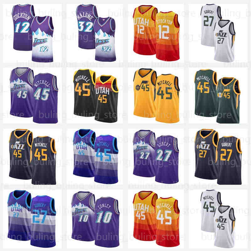 

2021 Donovan 45 Mitchell Basketball Jerseys Men's Rudy 27 Gobert Utah''Jazz''Mike 10 Conley John 12 Stockton City Karl Malone Navy Green retro shirt, Jersey
