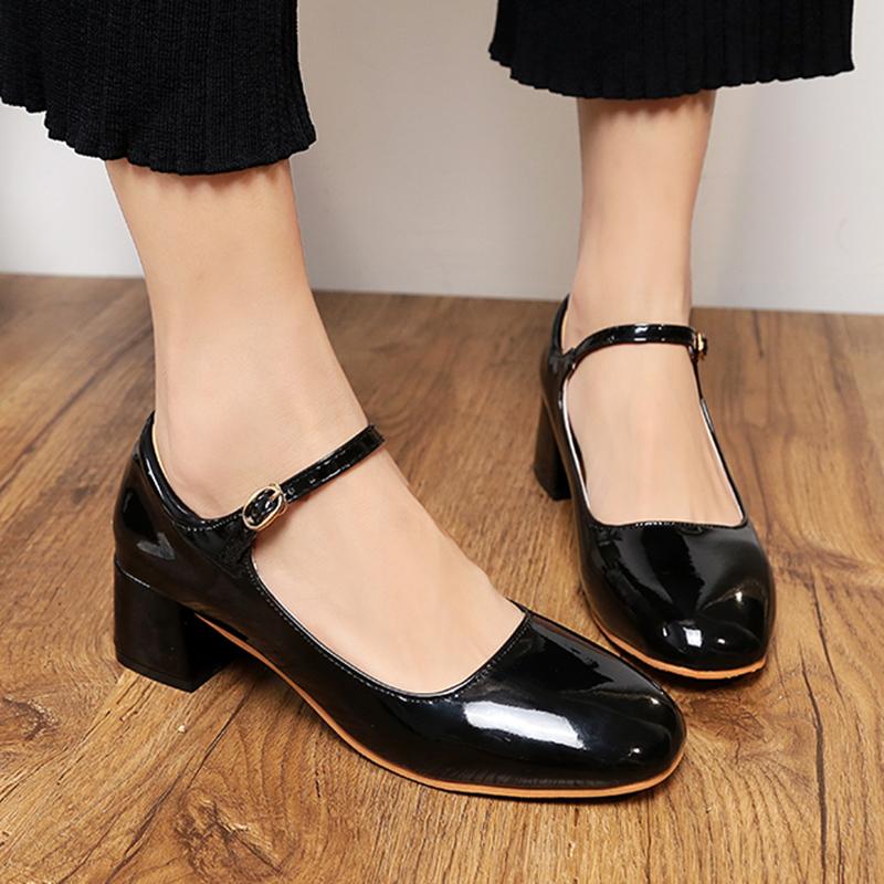 

Dress Shoes Spring Women Mary Janes Patent Leather High Heels Pumps Ankle Strap Square Toe Pump Zapatos Mujer Autumn Sweet, Brown