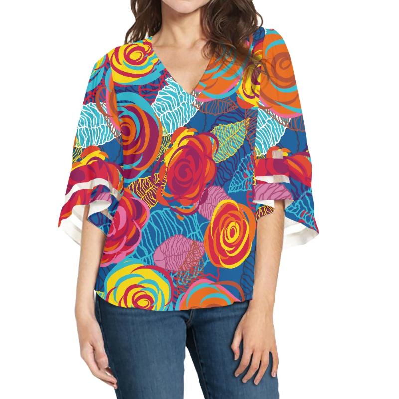 

Women's Blouses & Shirts Cottagecore Rose Floral Tattoo Pattern Print Ladies' V-neck Elbow Half Sleeve Casual Loose Chiffon Shirt Holiday, White