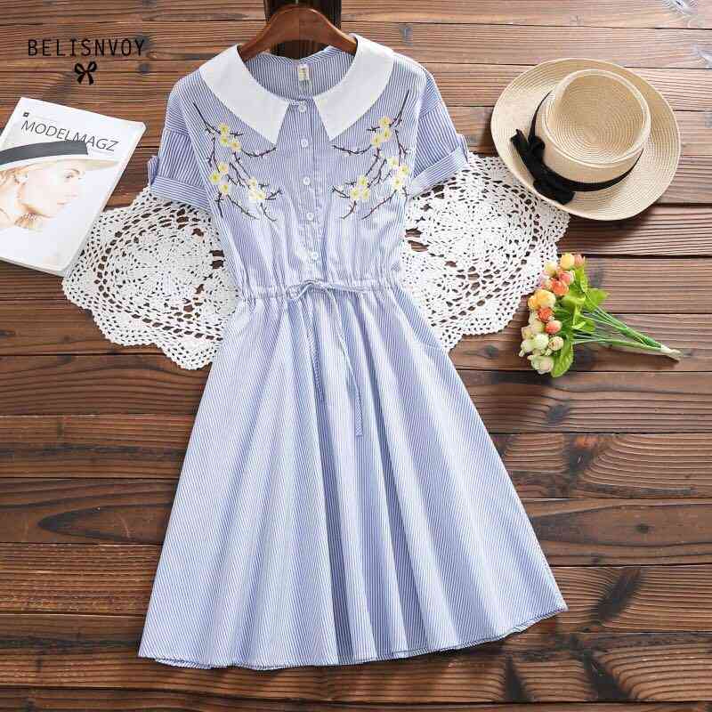 

Mori Girl Summer Dress Women Short Sleeve Floral Embroidery Elbise Blue Striped A-line Cotton Dresses Casual Cute Vestidos 210520