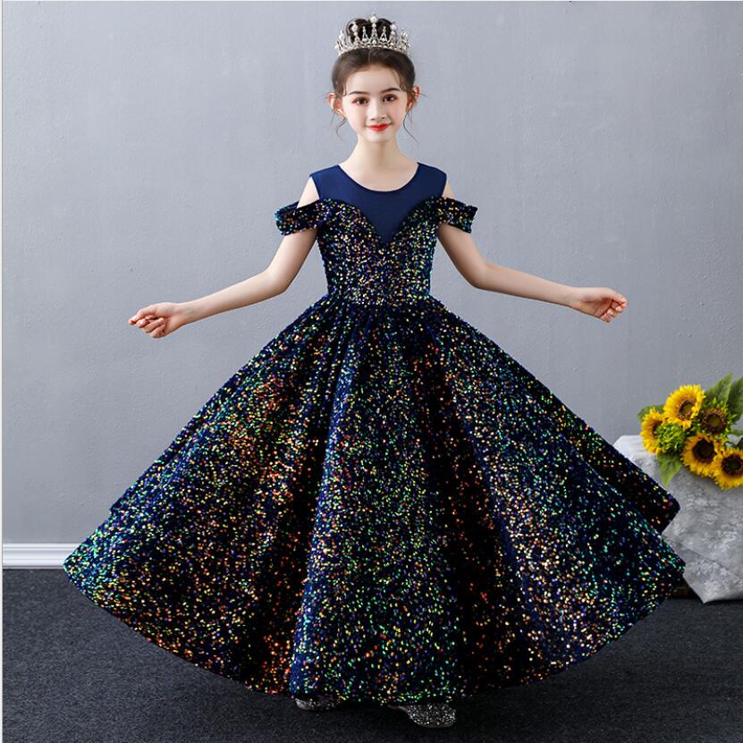 

Flower Girl Dresses Luxury Formal Evening Party Dresses Sparkly Sequins Tulle Princess Gown Girls Long Wedding Junior Bridesmaid Clothes 2021, Same as image