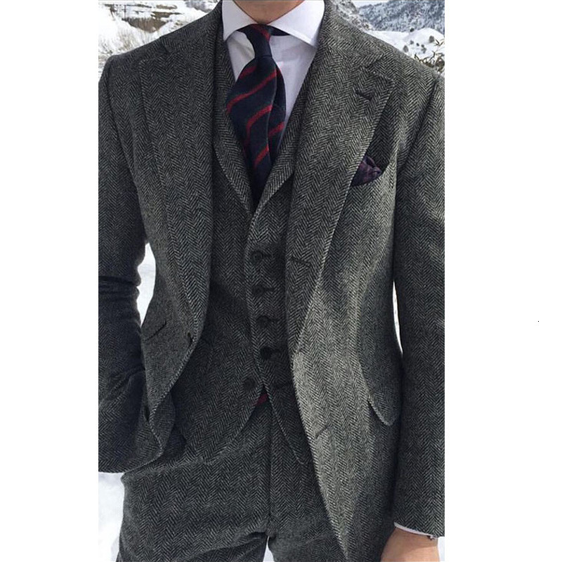 

Men's Suits & Blazers Herringbone tweed gray wool suits for formal men business marriage tuxedo 3 piece man suit jacket with pants, Picture style