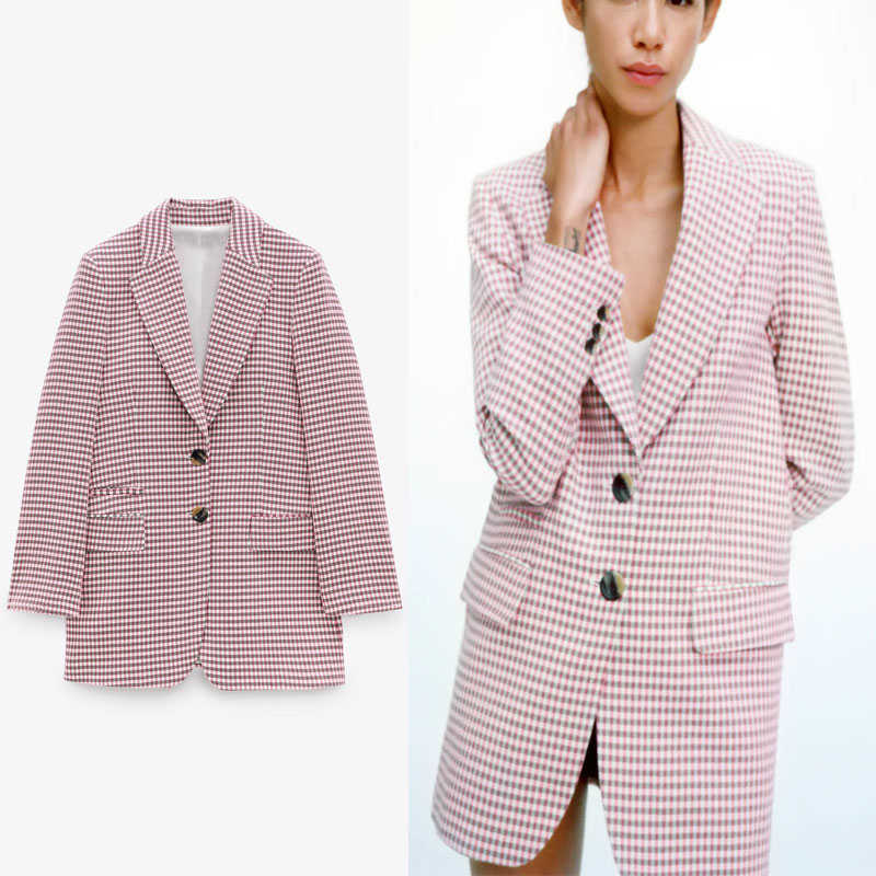 

Za Pink Houndstooth Blazer Suit Women Long Sleeve Pronounced Shoulders Vintage Plaid Blazers Woman Button Up Outerwear Top 210602