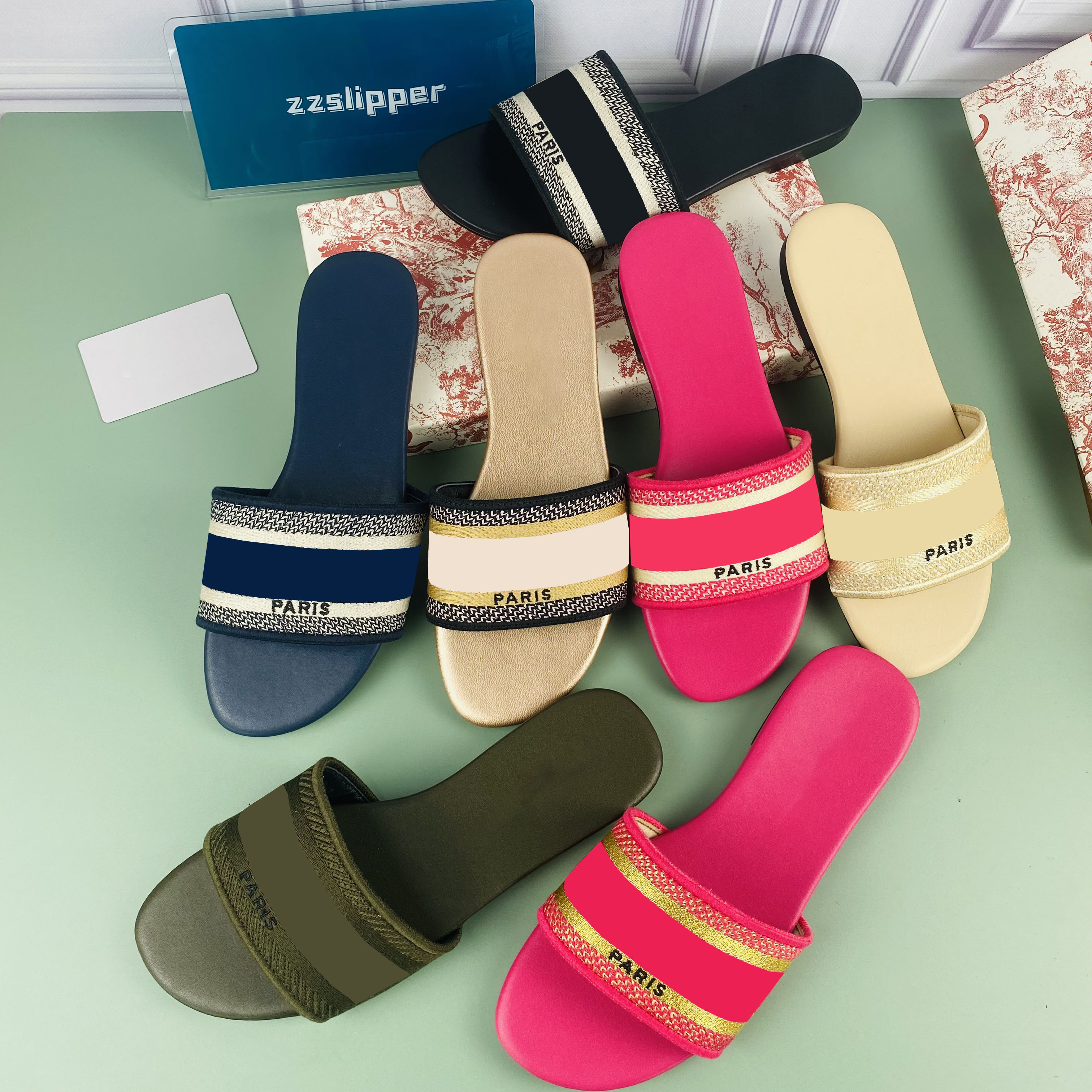 

Women Cotton Dway slippers fashion Letter embroidered animal print slides summer beach striped causal flip flops cool sandals with box size 35-43, Black