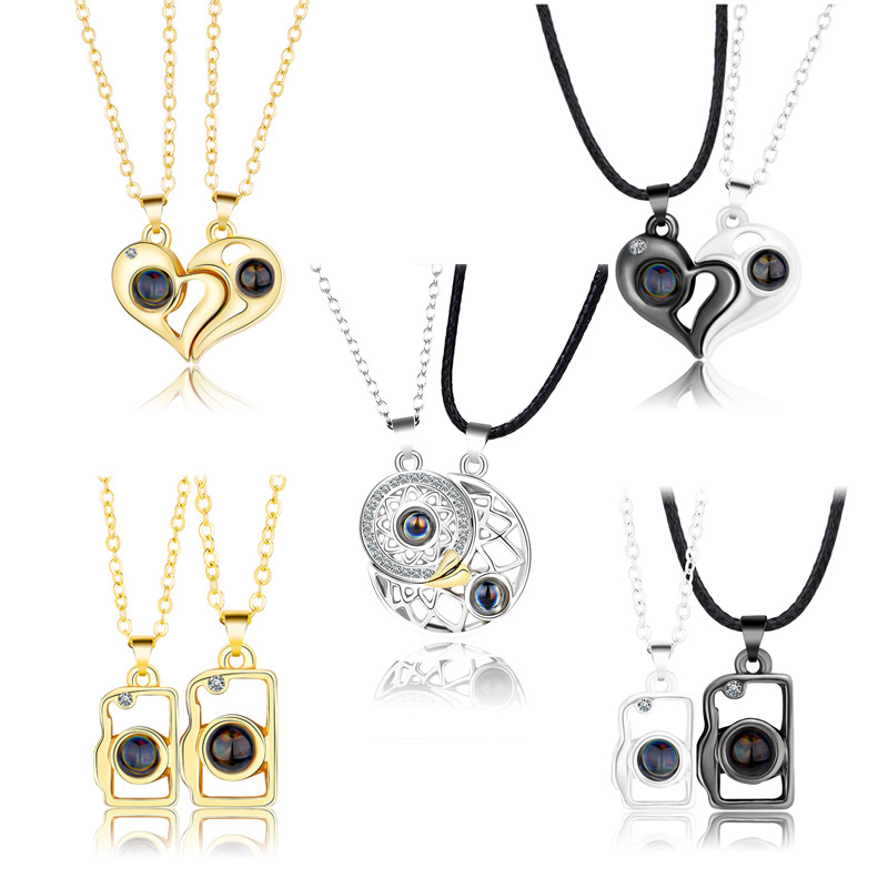 Hot Selling Couple Magnetic Attraction Necklace Sun Moon Love Splicing Projection 100 Languages I Love You Pendant Necklace-image-732435536