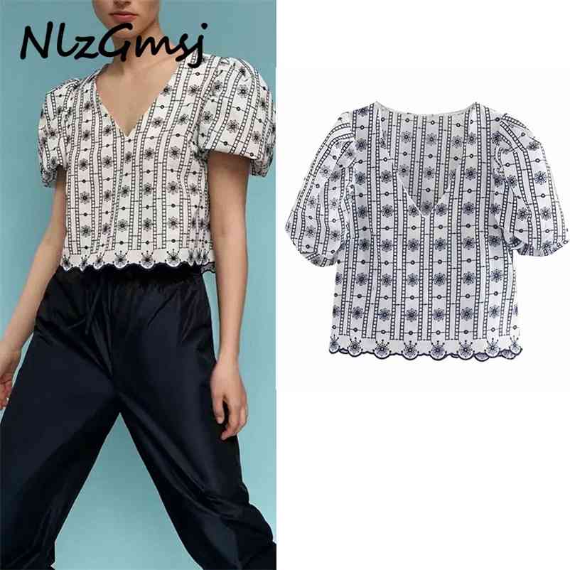 

Women Agaric Embroidery Patchwork Puff Sleeve Shirt Office Lady Casual Blusas Roupas Chemise Tops 04 210628, As picture
