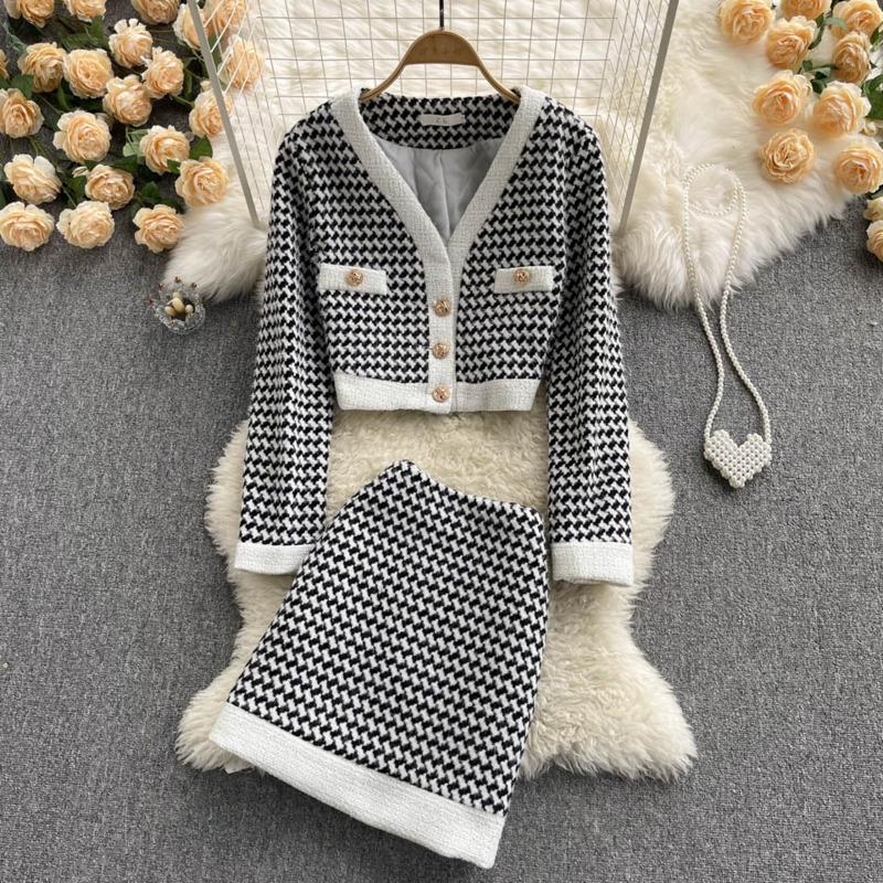 

Work Dresses European Style Small Fragrance Tweed 2 Piece Set Women Jacket Coat Crop Top + Skirt Suits High Quality Elegant Two Sets, Black