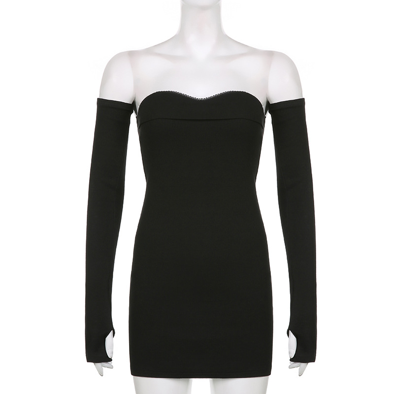 

Foreign Trade Solid Color Waist Waist One-shoulder Tube Top Dress Temperament Light Mature Style Self-cultivation, Black;gray