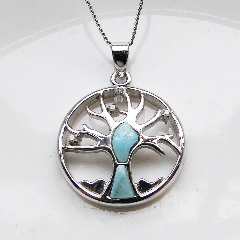 

Selling 925 Sterling Silver Natural Dominca Larimar Jewelry Tree of Life Pendant Necklace For Women/ Man's Gift 210524