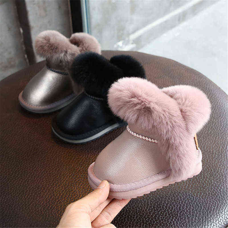 

2021 New Winter Girls Boots Leather Princess Warm Plush Cotton Kids Shoes Non-slip Fashion Toddler Baby Shoes 15-25 Y1103, Black;grey