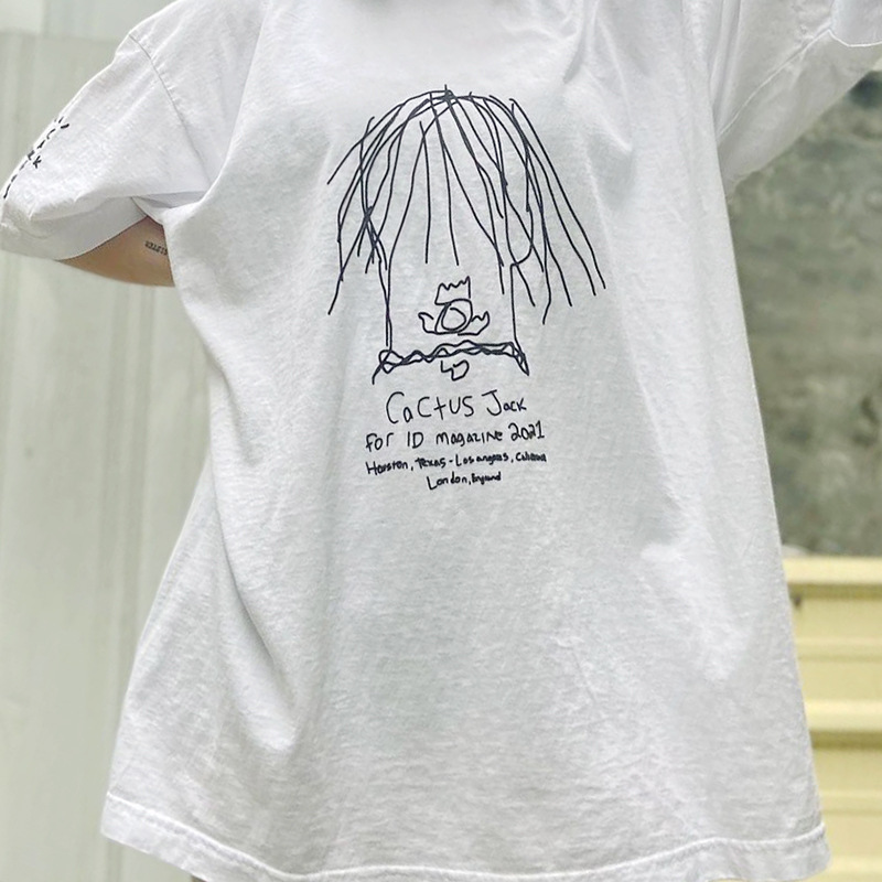 

Travis Scott cactus Jack Fashion Co branded portrait foam printing loose short sleeve T-shirt for men JSZR, White;black