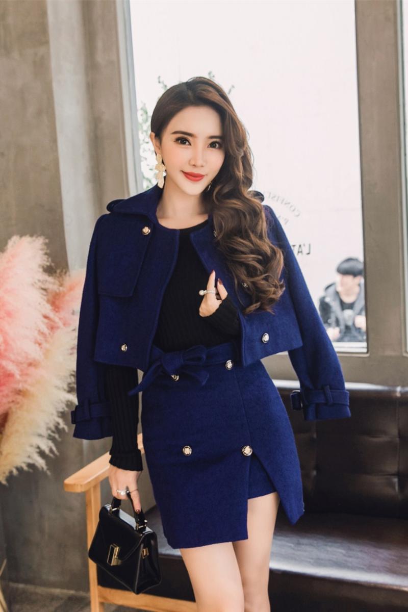 

Women's Suits & Blazers Royal Blue Two Piece Knitted Coat Real Po Women Suit, Navy blue