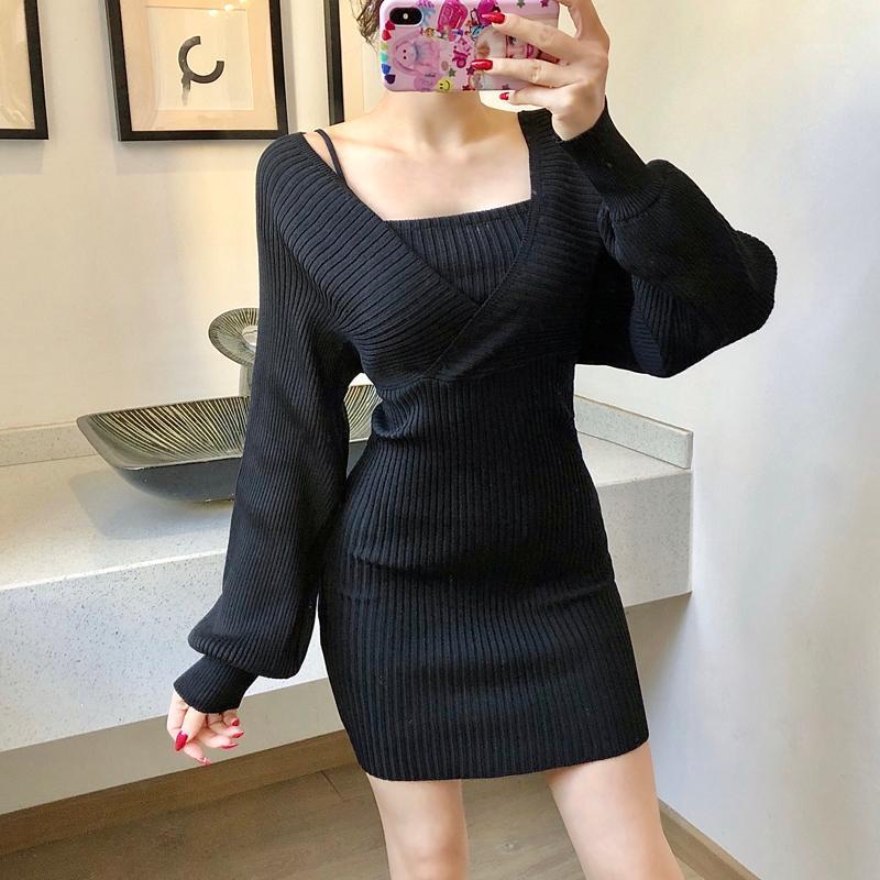 

Casual Dresses Elegant For Women Sexy Wrap Hip Long Sleeve Off Shoulder Knitted Mini Dress Fake Two Pieces Slim Wild Womens Autumn 2021, Black