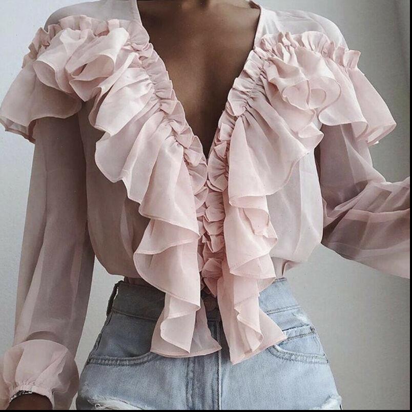 

fashion womens shirt shirts ladies long sleeve plain casual ruffled frill v neck blouse women clothes, White
