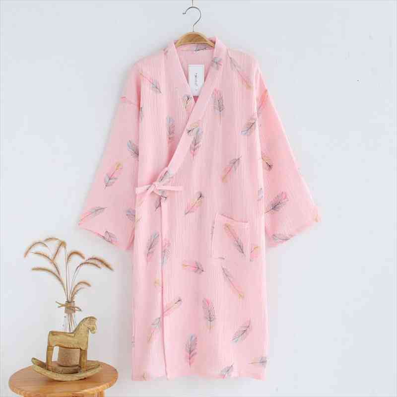 

Crepe Cotton Bath Robe Women Sleepwear Three Quarter Robes Cartoon Feather Print Dressing Gown Pink Night, Black;red