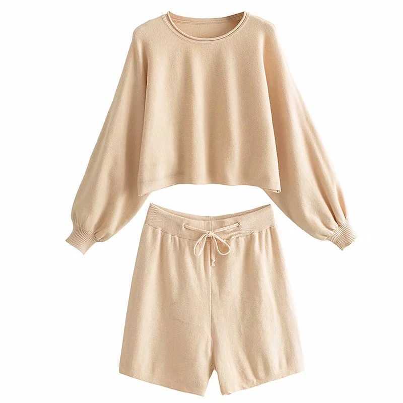 

O-Neck Lantern Sleeve Knit Sweatshirt Long-sleeved Top + High-waisted Tethered Shorts Fashion Women's Two Piece Set 210607, Black 364