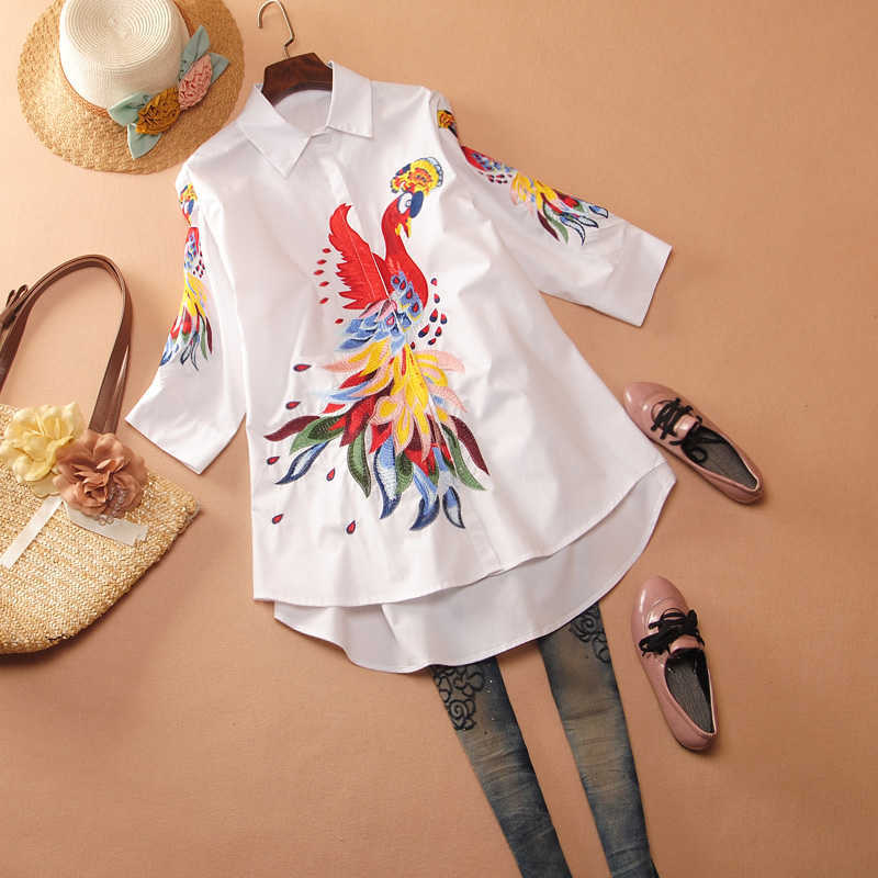 

pluz Size Shirt Female Europe Summer Fashion Women Blouses and Tops Embroidery Three Quarter Sleeve Clothing 210615, White