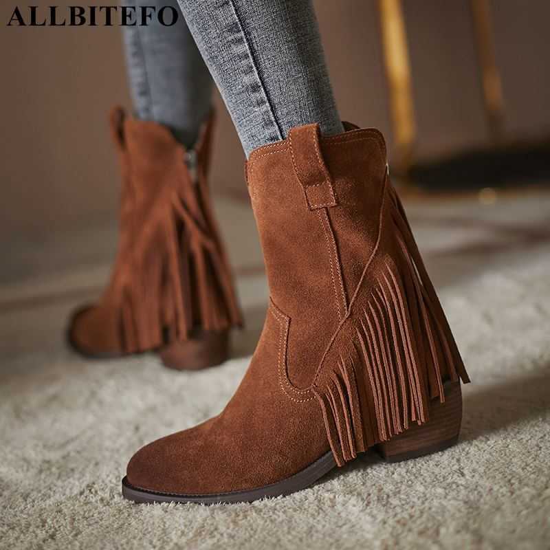 

ALLBITEFO fashion tassel genuine leather thick heels ankle boots women high heel shoes high heels women boots women heels 210611, As picture