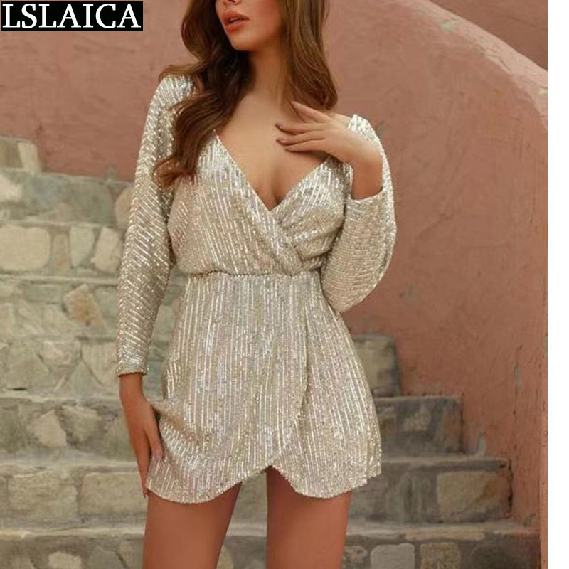 

Sequin Dress Slim Sexy Clubwear Fashion for Women Long Sleeves Elegant Party Evening V Neck Vestiti Donna 210520, Beige