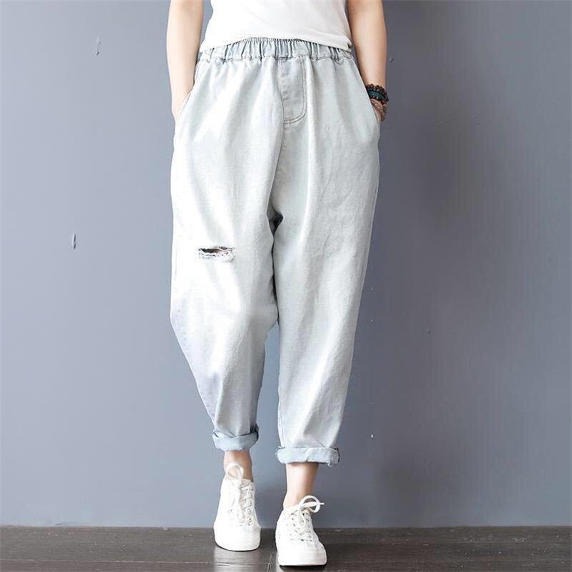 

Summer Arts Style Women Elastic Waist Loose Casual Cotton Denim Harem Pants Vintage Bleached Ripped Jeans Big Size M77 210629, White