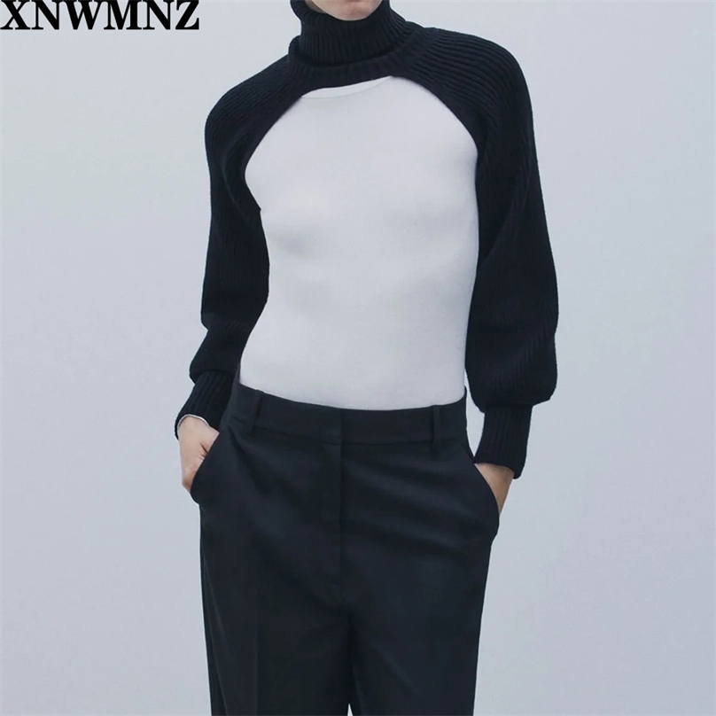 

Women Fashion knit arm warmers with turtleneck Vintage long balloon sleeves ribbed trims Sweater Female Pullovers Chic 210520, Black
