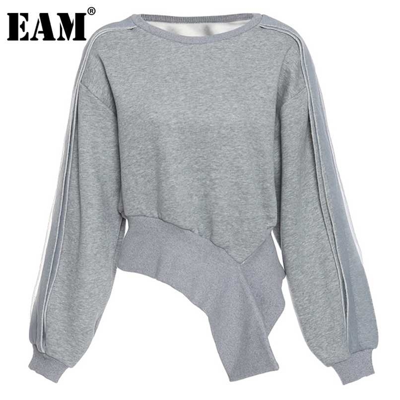 

[EAM] Loose Fit Big Size Irregular Hem Zipper Sweatshirt Round Neck Long Sleeve Women Fashion Spring Autumn 1D24 211109, Gray