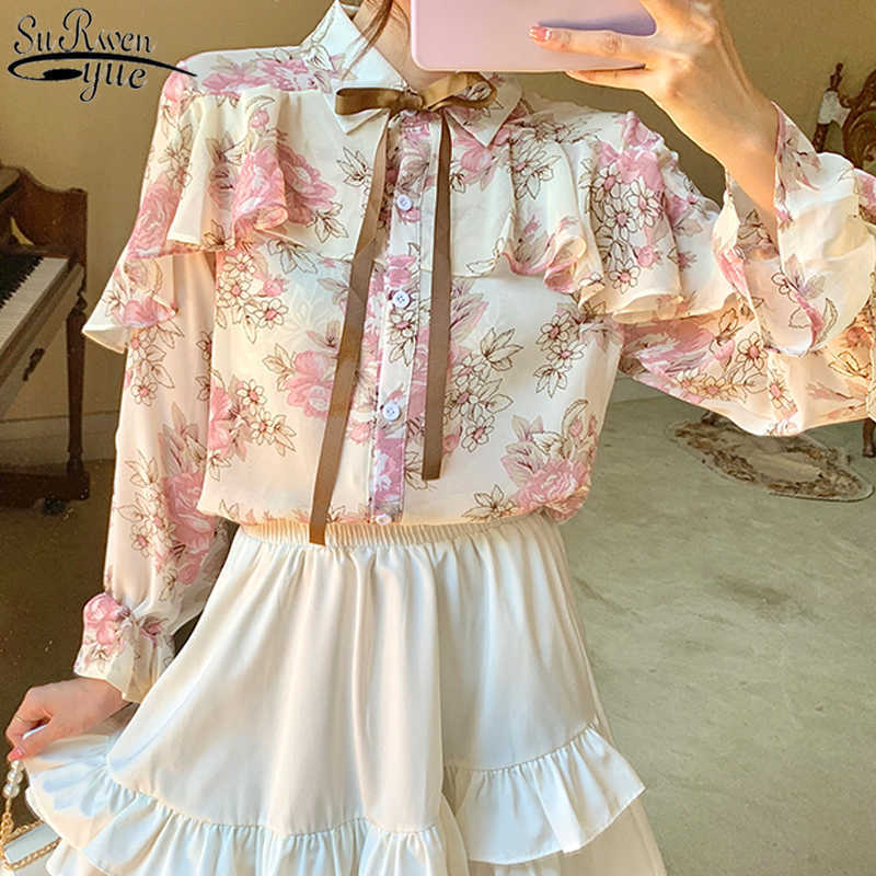 

Blusas Mujer Long Sleeve Women Blouse Floral Chiffon Shirts Women Cardigan Autumn Korean Tops Office Lady Clothes 10449 210527, Pink