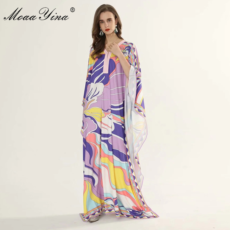 

Fashion Designer Runway dress Spring Summer Women Dress V Neck Batwing Sleeve Geometry Print Maxi Loose Dresses 210524, Multi
