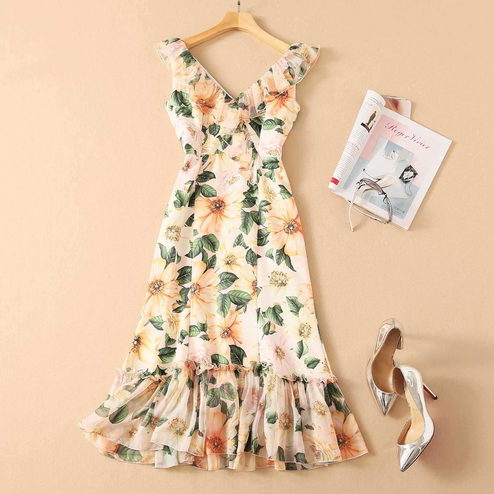 

HIGH QUALITY est Summer Runway Fashion Dresses Women's Sleeveless Double V-Neck Vest Floral Print Mermaid Dress 210526, Mixed color