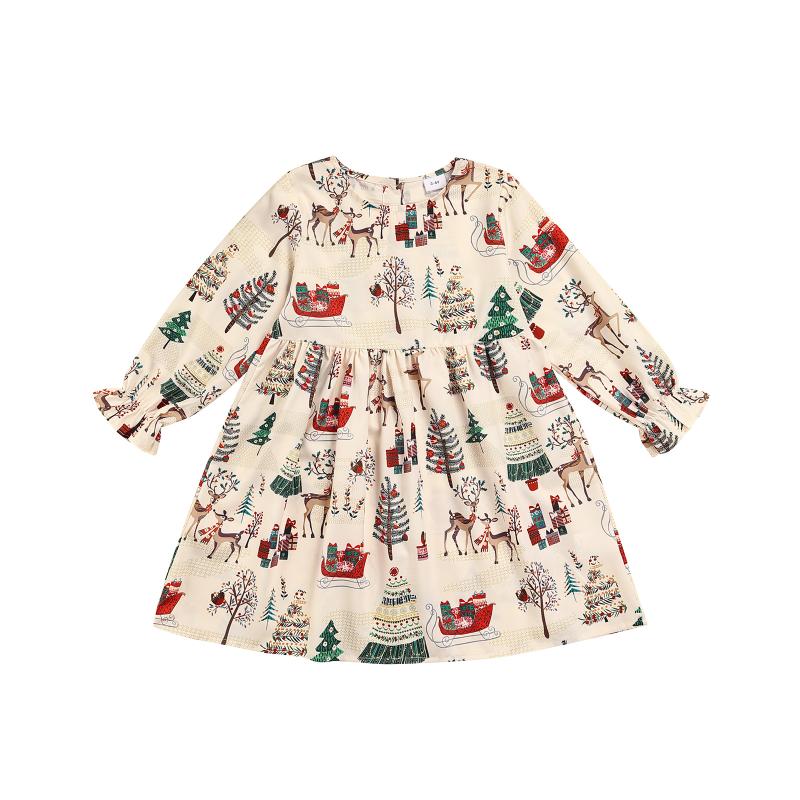 

Girl's Dresses Toddlers Children's Long Sleeve O-Neck Ruffle Christmas Print High Waist A-Lined Loose Midi Beige Autumn Baby Girls Casual Dr, Red;yellow