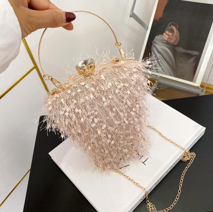 

wholesale women dinner bag sweet and lovely high quality sequined Beads chain bags stylish diamond dress handbag elegant atmosphere solid color tassel handbags, Pink(boutique box)