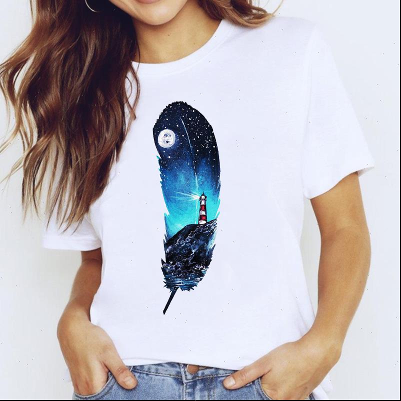 

Aesthetics Women Tops Tees For Summer Short Sleeve Tshirts Feather Print Graphic Streetwear Girls Ladies Harajuku Clothes, White